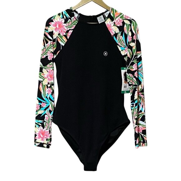Hurley Other - Hurley Long Sleeve One Piece Swimsuit XL Black Floral Rash Guard NWT